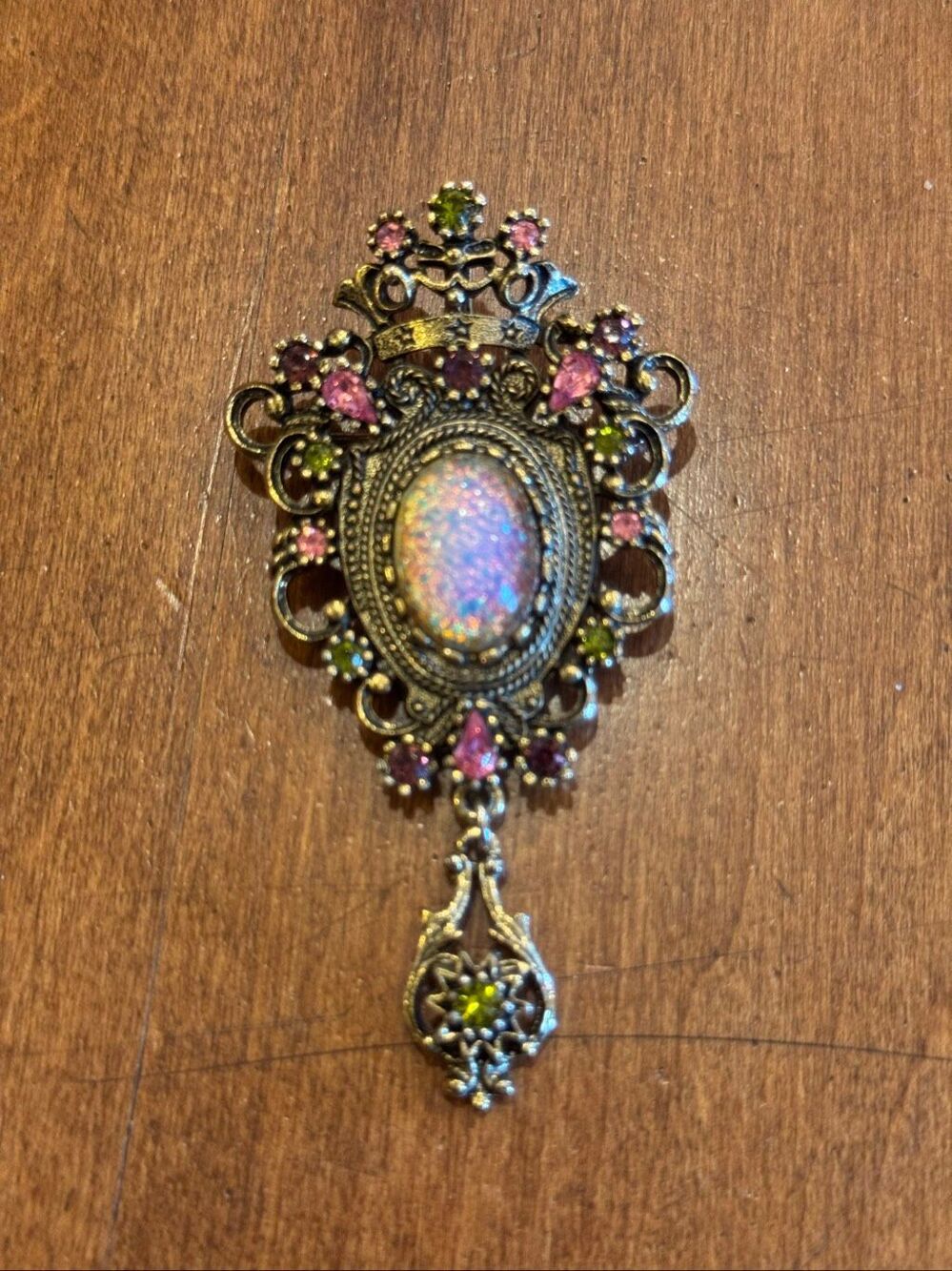 Vintage 1970s Sarah Coventry Contessa Brooch Pendant Faux Opal Rhinestone